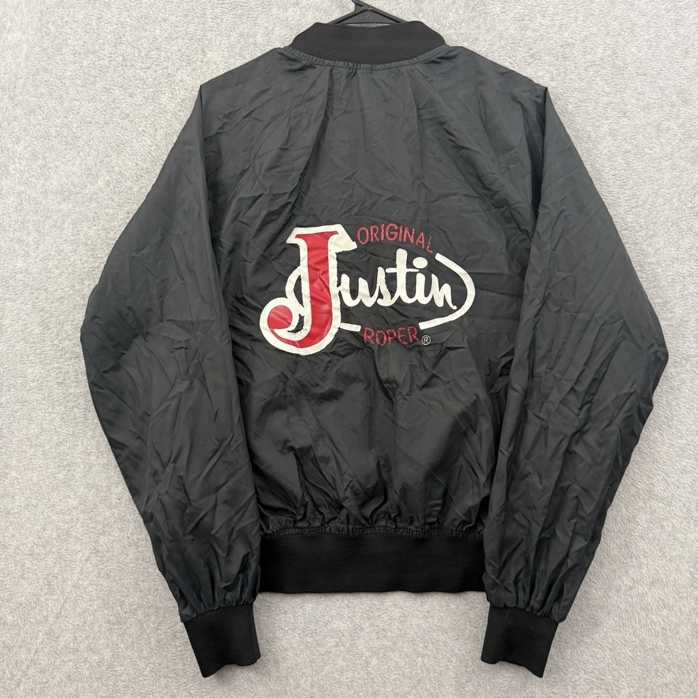 VTG Justin Jacket Men's XL‎ Black Satin Style Bomber Logo Back Print Western USA